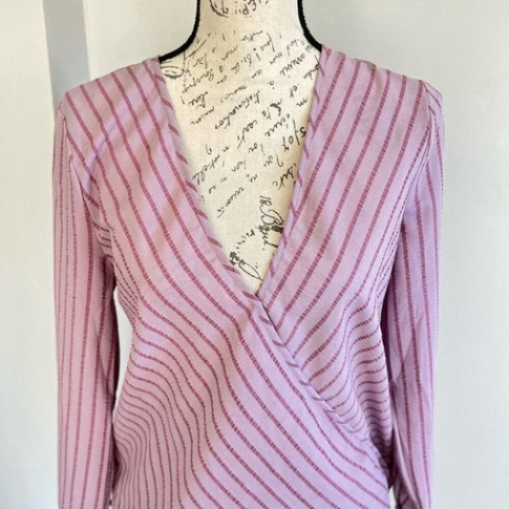 BCBGMaxazria Pink Striped Vneck Long Sleeve Faux Wrap Top - Picture 2 of 5